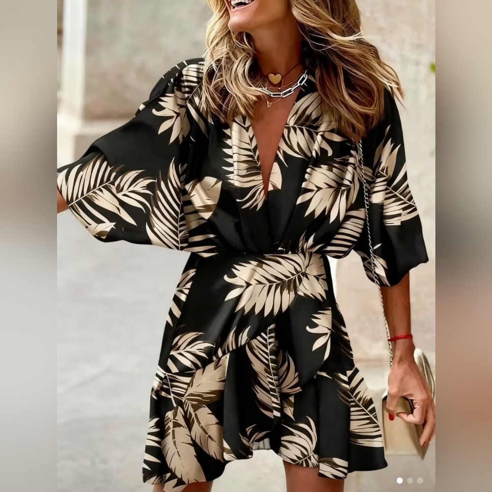TRÏBE Tropical Palm Print Black & Beige V Neck Mini Dress Size XL